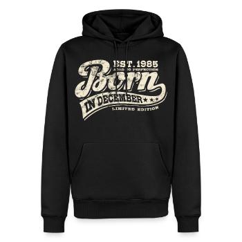 Né en décembre 1985 - Anniversaire - Cadeau - Sweat à capuche Premium bio Homme - noir - Devant - Nico (187cm)