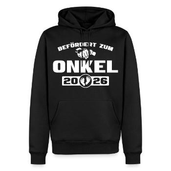 Baby Shower promu au rang d’oncle 2026 - Sweat à capuche Premium bio Homme - noir - Devant - Nico (187cm)