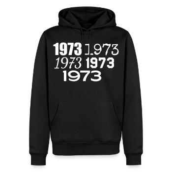 1973 - Sweat à capuche Premium bio Homme - noir - Devant - Nico (187cm)