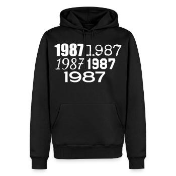 1987 - Sweat à capuche Premium bio Homme - noir - Devant - Nico (187cm)
