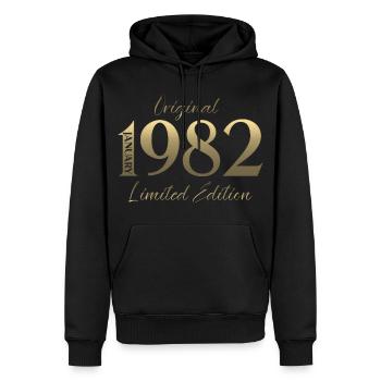 44e anniversaire Original janvier 1982 - Sweat à capuche Premium bio Homme - noir - Devant - Nico (187cm)