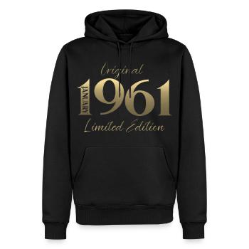 65e anniversaire Original janvier 1961 - Sweat à capuche Premium bio Homme - noir - Devant - Nico (187cm)