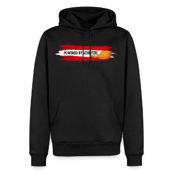 Powered By Schnitzel Österreich Humor Shirt - Männer Premium Bio Hoodie - Schwarz - Vorne - Nico (187cm)