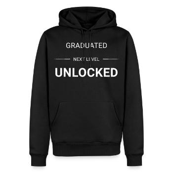 GRADUATED_NEXT_LEVEL_UNLOCKED_white - Männer Premium Bio Hoodie - Schwarz - Vorne - Nico (187cm)