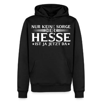 Hesse ist ja jetzt da - Hessischer Dialekt - Männer Premium Bio Hoodie - Schwarz - Vorne - Nico (187cm)