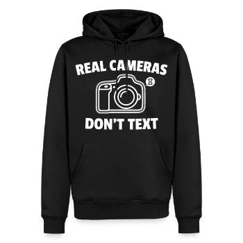 Real Cameras Don’t Text Spruch - Männer Premium Bio Hoodie - Schwarz - Vorne - Nico (187cm)