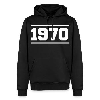 1970 - Sweat à capuche Premium bio Homme - noir - Devant - Nico (187cm)