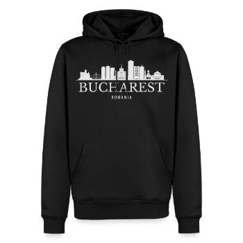 Bucharest Skyline, Bucharest Romania - Men’s Premium Organic Hoodie - black - Front - Nico (187cm)