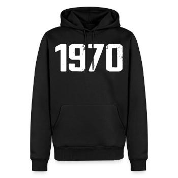 1970 - Sweat à capuche Premium bio Homme - noir - Devant - Nico (187cm)