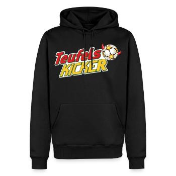 Teufelskicker Logoschriftzug Mit Fußball - Männer Premium Bio Hoodie - Schwarz - Vorne - Nico (187cm)