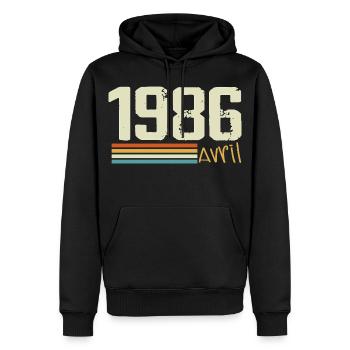 Né en avril 1986 - Sweat à capuche Premium bio Homme - noir - Devant - Nico (187cm)