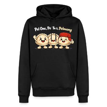 Pel One, Pel Two, Pelmany – Pelmeni Freunde - Männer Premium Bio Hoodie - Schwarz - Vorne - Nico (187cm)
