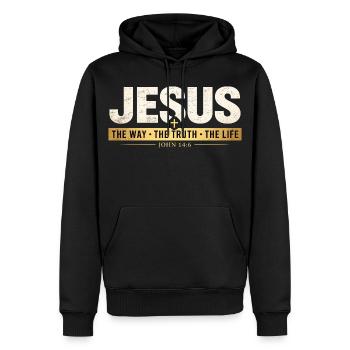 Verset biblique de Jésus, La voie de la vérité, la vie - Sweat à capuche Premium bio Homme - noir - Devant - Nico (187cm)