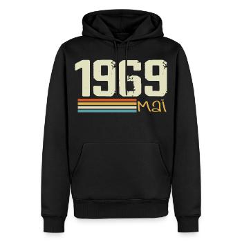 Mai 1969 - Sweat à capuche Premium bio Homme - noir - Devant - Nico (187cm)