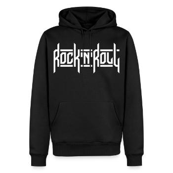 Logo de typographie personnalisée Rock’N’Roll - Sweat à capuche Premium bio Homme - noir - Devant - Nico (187cm)