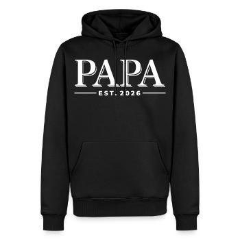 Papa Fondé en 2026 | Père | Cadeau de la fête des pères - Sweat à capuche Premium bio Homme - noir - Devant - Nico (187cm)