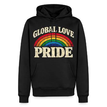 Global Love Pride Regenbogen Vintage T-Shirt  - Männer Premium Bio Hoodie - Schwarz - Vorne - Nico (187cm)
