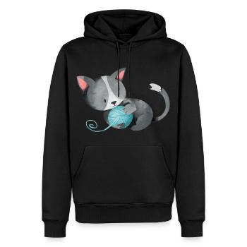 Chat pelote de laine cadeau ludique chaton mignon - Sweat à capuche Premium bio Homme - noir - Devant - Nico (187cm)