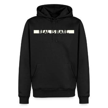 rare is real Statement Typo Spruch minimalistisch - Männer Premium Bio Hoodie - Schwarz - Vorne - Nico (187cm)
