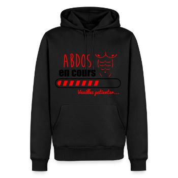 abdos en cours , humour, sport - Sweat à capuche Premium bio Homme - noir - Devant - Nico (187cm)