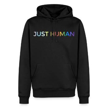 « Just Human » lgbtq, Pride, Couleurs de l’arc-en-ciel - Sweat à capuche Premium bio Homme - noir - Devant - Nico (187cm)