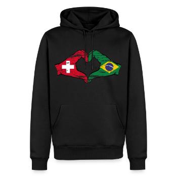Suisse Brésil drapeau coeur forme avec la main utilisée - Sweat à capuche Premium bio Homme - noir - Devant - Nico (187cm)