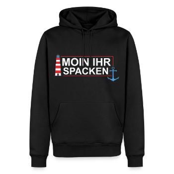 Plattdeutsch Spruch "Moin ihr spacken" - Männer Premium Bio Hoodie - Schwarz - Vorne - Nico (187cm)