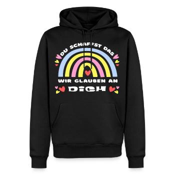GLÜCKSBRINGER Du schaffst das! Wir glauben an dich - Männer Premium Bio Hoodie - Schwarz - Vorne - Nico (187cm)