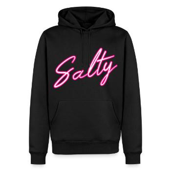Salty Salzig Schriftzug für Frauen und Männer - Männer Premium Bio Hoodie - Schwarz - Vorne - Nico (187cm)