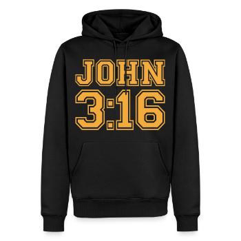 Jean 3:16 Typographie Varsity en gras - Sweat à capuche Premium bio Homme - noir - Devant - Nico (187cm)