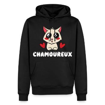 Chamoureux Chat Amoureux Kawaii Mignon Jeu de Mot - Sweat à capuche Premium bio Homme - noir - Devant - Nico (187cm)