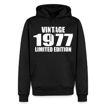 Millésime 1977 Anniversaire 1977 - Rétro 1977 - Sweat à capuche Premium bio Homme - noir - Devant - Nico (187cm)