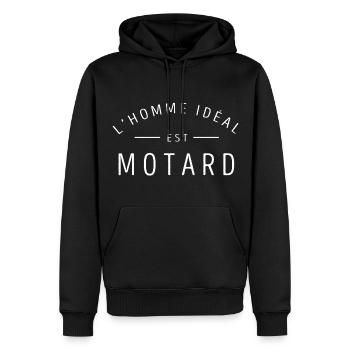 L'homme ideal est motard - Sweat à capuche Premium bio Homme - noir - Devant - Nico (187cm)