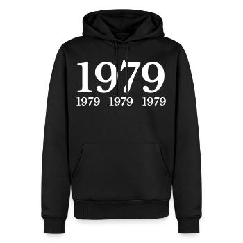 1979 - Sweat à capuche Premium bio Homme - noir - Devant - Nico (187cm)