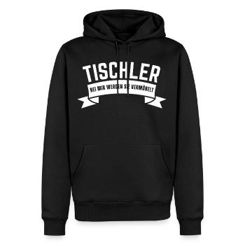 Tischler Bei mir werden sie vermöbelt. Holz Spruch - Männer Premium Bio Hoodie - Schwarz - Vorne - Nico (187cm)