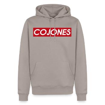 Cojones| mutiger Mutiger Mut - Männer Premium Bio Hoodie - Taupe - Vorne - Nico (187cm)