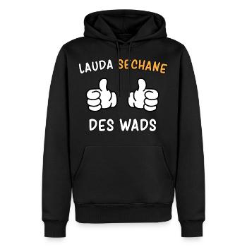 "lauda sechane - des wads" Mundart aus Bayern - Männer Premium Bio Hoodie - Schwarz - Vorne - Nico (187cm)