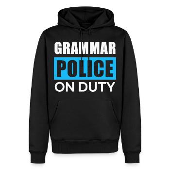 La police de la grammaire en action - Sweat à capuche Premium bio Homme - noir - Devant - Nico (187cm)