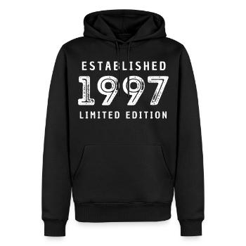 CRÉATION EN ÉDITION LIMITÉE EN 1997 - Sweat à capuche Premium bio Homme - noir - Devant - Nico (187cm)