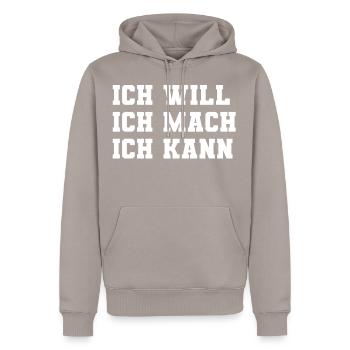 I DO - Men’s Premium Organic Hoodie - taupe - Front - Nico (187cm)