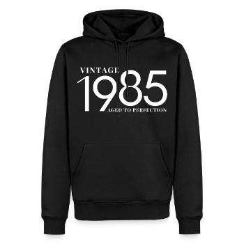 Légende de 1985 - Sweat à capuche Premium bio Homme - noir - Devant - Nico (187cm)
