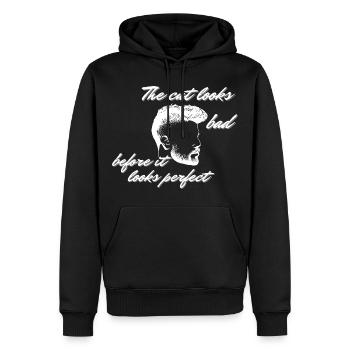 Witziger Friseur-Haarschnitt schlecht vor perfekten Männern – Zitat - Männer Premium Bio Hoodie - Schwarz - Vorne - Nico (187cm)