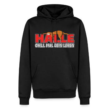 Halle chill mal dein Leben Faultier Heimat - Männer Premium Bio Hoodie - Schwarz - Vorne - Nico (187cm)