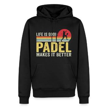Das Leben ist gut Padel macht es besser - Männer Premium Bio Hoodie - Schwarz - Vorne - Nico (187cm)