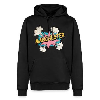 Manchester Angleterre UK City Font Pop Art Comic - Sweat à capuche Premium bio Homme - noir - Devant - Nico (187cm)