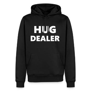 Hug Dealer, Spruch, lustig, witzig, Text, Geschenk - Männer Premium Bio Hoodie - Schwarz - Vorne - Nico (187cm)
