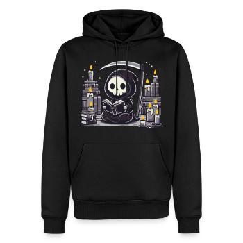 Grim Reaper Bookworm with Scythe - Men’s Premium Organic Hoodie - black - Front - Nico (187cm)
