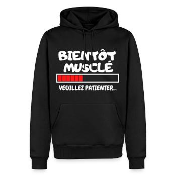 T-shirt "Bientôt musclé, veuillez patienter..." - Sweat à capuche Premium bio Homme - noir - Devant - Nico (187cm)