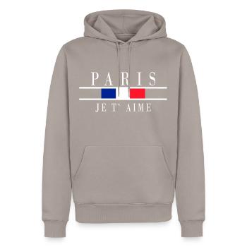 Paris France T-shirt souvenir du drapeau français - Sweat à capuche Premium bio Homme - taupe - Devant - Nico (187cm)