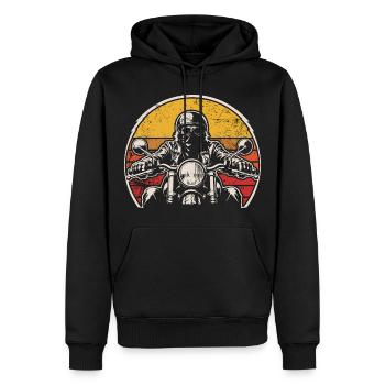 Retro Motorradfahrer im Sonnenuntergang - Männer Premium Bio Hoodie - Schwarz - Vorne - Nico (187cm)
